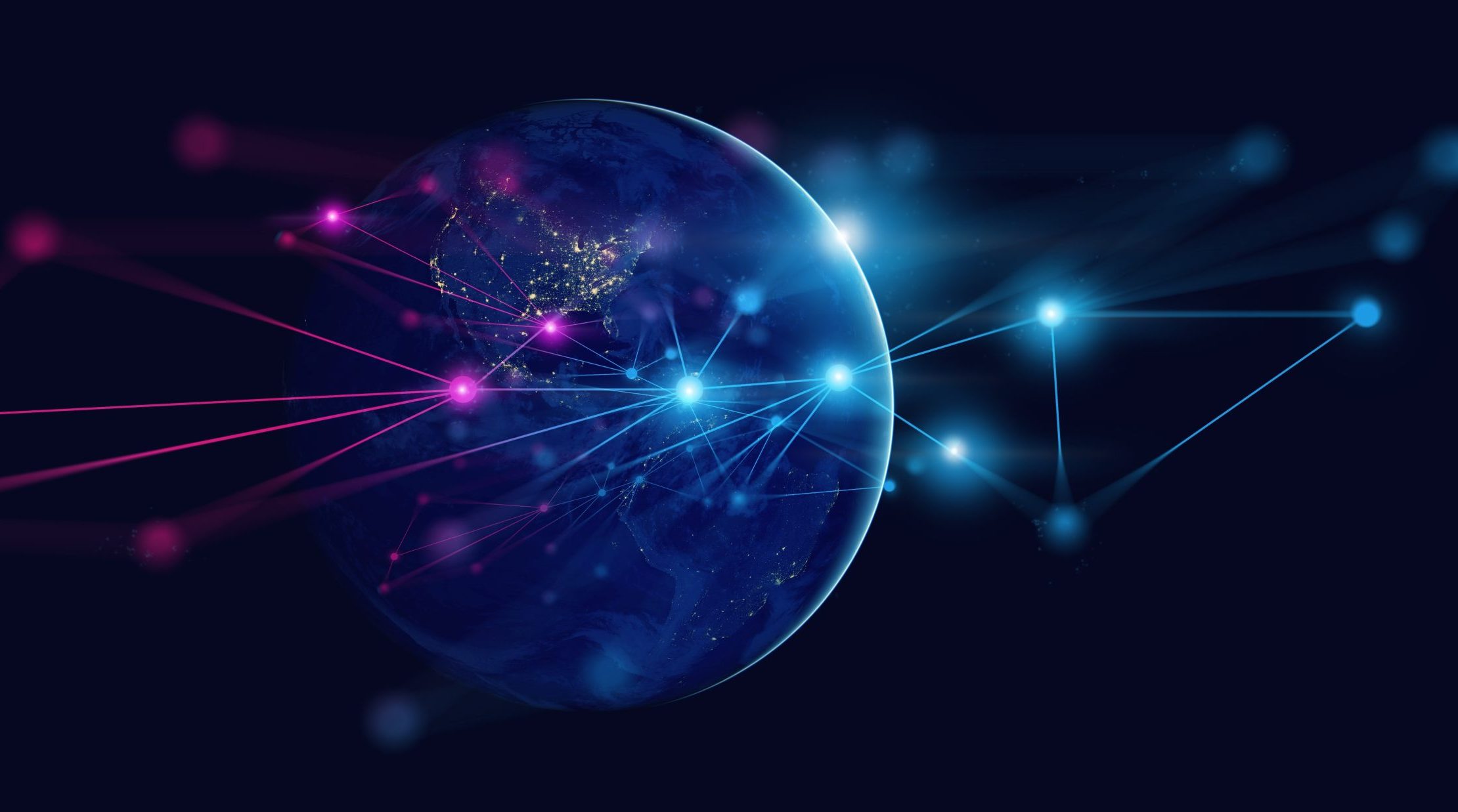 Digital illustration of Earth at night with glowing nodes and network lines symbolizing global connectivity and data telecommunications.