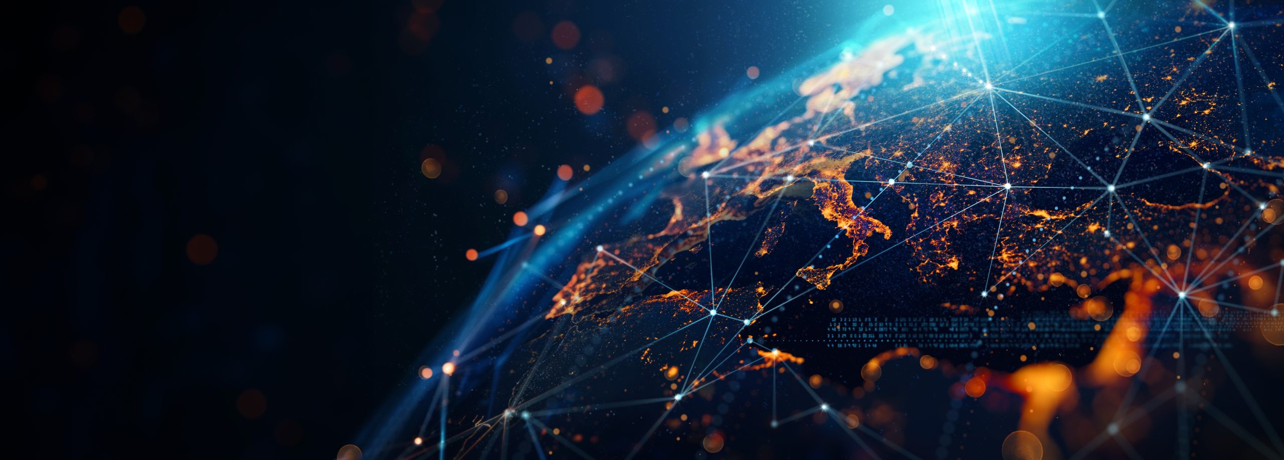 Digital illustration of Earth at night showing glowing city lights across Europe with interconnected network lines, representing global communication, data connectivity, and futuristic technology infrastructure.